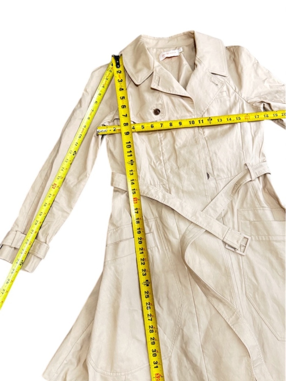Tory Burch Womens Trench Coat Beige Collared Long Sleeve Buckle Size 6 - Picture 14 of 14